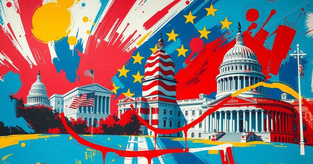 A dynamic political landscape depicting a chaotic and transformative American scene with vibrant colors