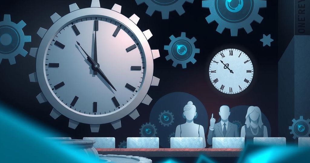 A conceptual image representing political uncertainty with symbolic items like gears, clocks, and a fading advisory panel.