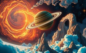 A celestial scene showcasing Saturn in Aries, surrounded by stars, with dreamy and fiery colors to reflect cosmic energy.