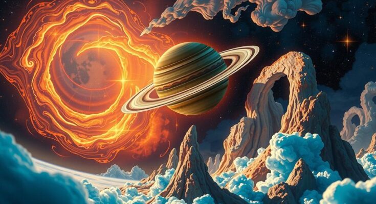 A celestial scene showcasing Saturn in Aries, surrounded by stars, with dreamy and fiery colors to reflect cosmic energy.