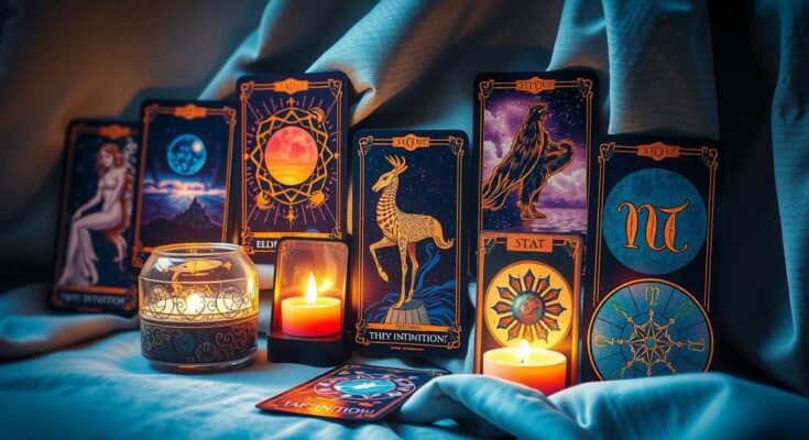 Tarot cards depicting zodiac signs with mystical symbols and colors representing daily guidance and intuition.