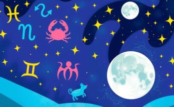 Astrological elements with zodiac signs, stars, and moon in a Cancer theme, vibrant colors depicting energy and activity.