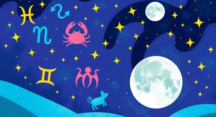 Astrological elements with zodiac signs, stars, and moon in a Cancer theme, vibrant colors depicting energy and activity.