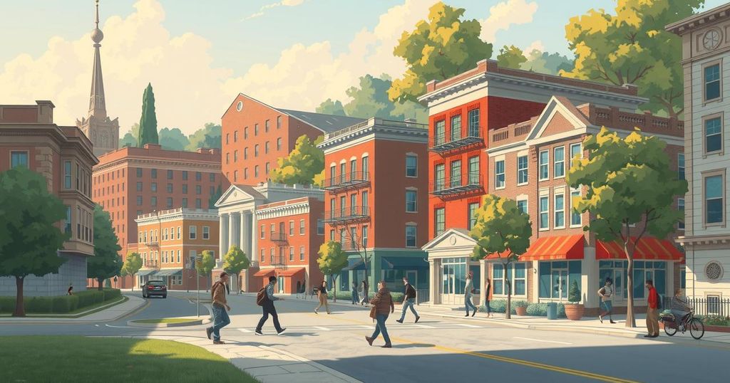 A balanced composition depicting government stability and civic engagement in a harmonious city setting.