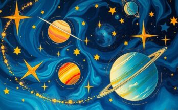 Cosmic scene depicting vibrant celestial bodies aligning in harmony, blending deep blues and sparkling golds in a starry sky.