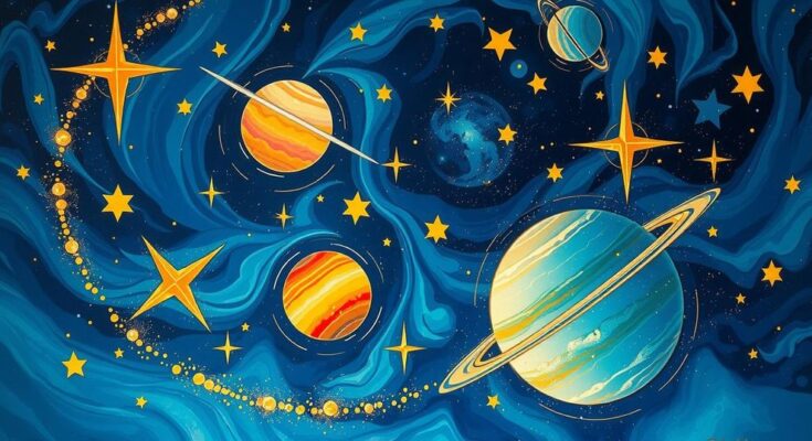 Cosmic scene depicting vibrant celestial bodies aligning in harmony, blending deep blues and sparkling golds in a starry sky.