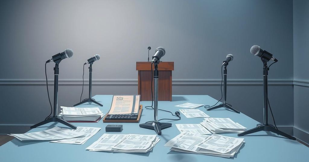 A political speech scene featuring microphones, podium, and notes under soft lighting to symbolize discussions and debates.