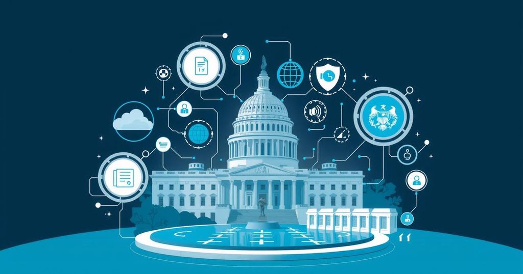 Conceptual representation of government reform with abstract icons of agencies, tech elements, and futuristic designs.