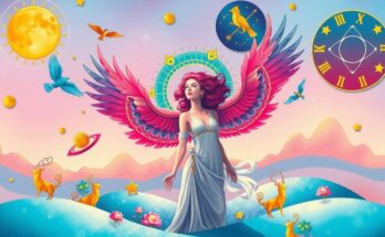 Colorful artwork representing the zodiac signs with an emphasis on Venus' influence in a serene environment.