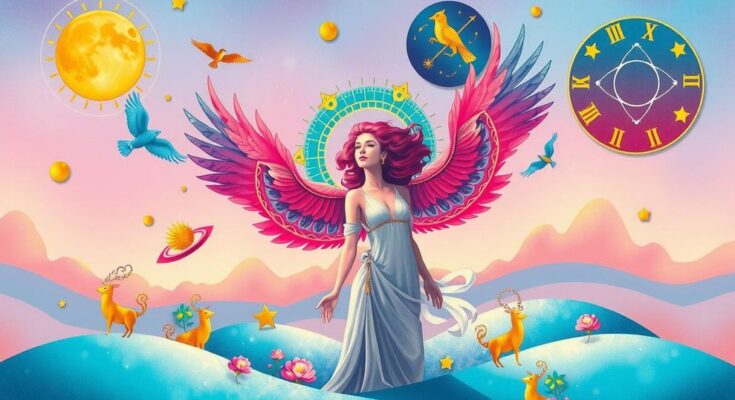 Colorful artwork representing the zodiac signs with an emphasis on Venus' influence in a serene environment.