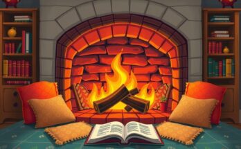 Vibrant illustration of a warm hearth surrounded by cozy elements, symbolizing the comforting presence of fire signs.