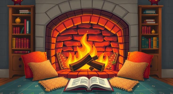 Vibrant illustration of a warm hearth surrounded by cozy elements, symbolizing the comforting presence of fire signs.