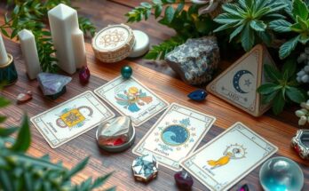 Astrological tarot cards on a table with zodiac-themed decor and plants, in a vibrant, mystical style.