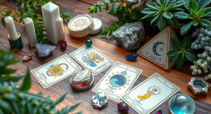 Astrological tarot cards on a table with zodiac-themed decor and plants, in a vibrant, mystical style.