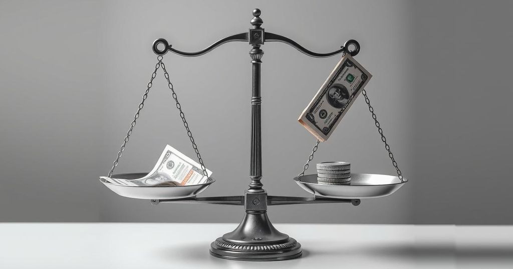 A monochromatic illustration of a budget balance scale, symbolizing political finance decisions and economic impact.