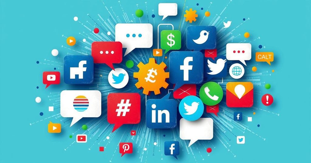 A digital collage representing social media's impact on politics, with vibrant colors and abstract social media icons.