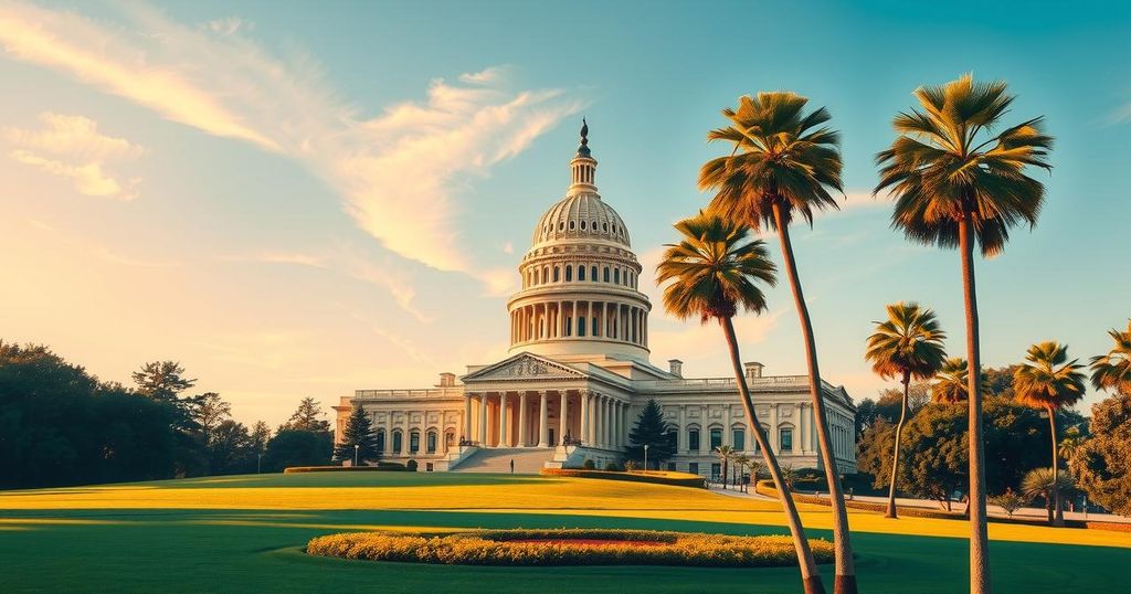 Gavin Newsom publicly acknowledging presidential ambitions, with a backdrop of California's landscape and political symbols.