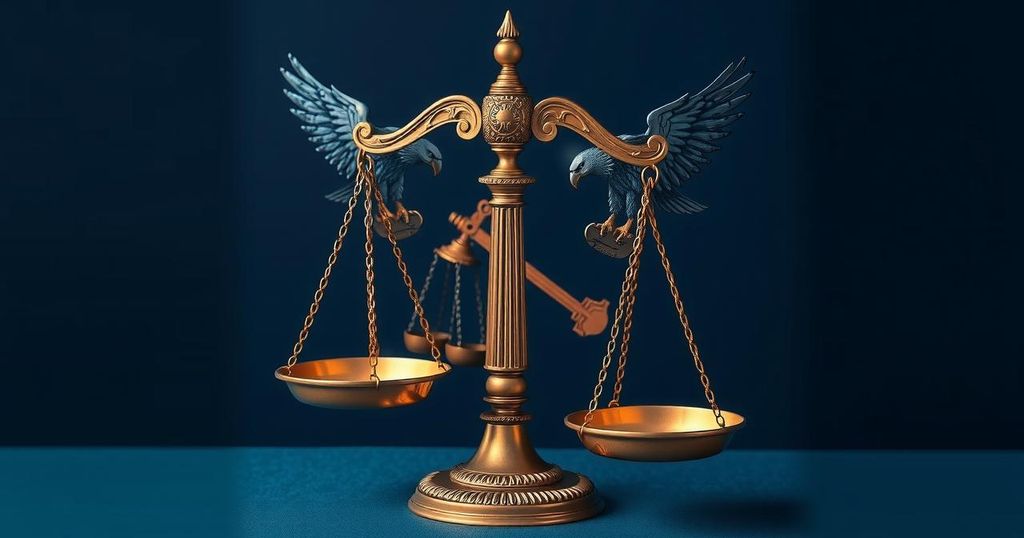 A symbolic representation of democracy, featuring a balance scale and an eagle against a dark blue backdrop.
