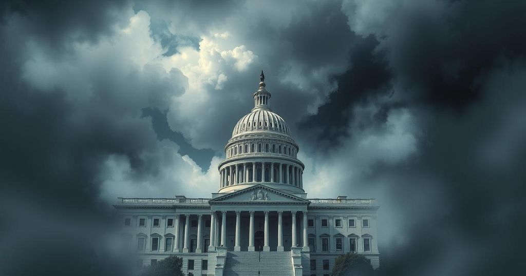 A chaotic Capitol building with dark clouds looming, depicting the tension of political ethics in the US.