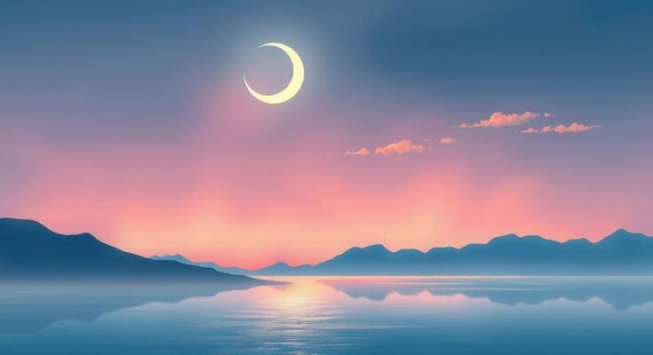 A serene landscape with a twilight sky and a crescent moon, symbolizing introspection and emotional connection.
