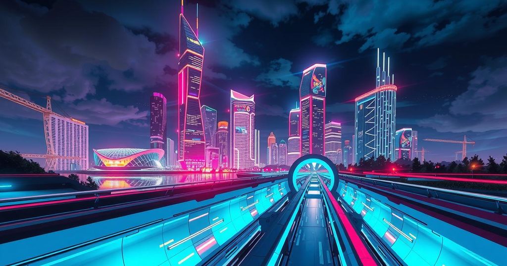A modern city skyline at night with futuristic transportation tunnels and digital tech elements, showcasing innovation.