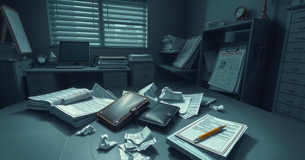 A stressed atmosphere in a gloomy office with empty wallets and documents representing financial concerns and politics.