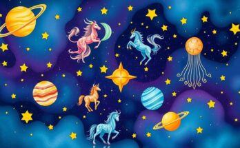 An artistic representation of zodiac signs with vibrant colors and celestial elements, reflecting astrological themes.