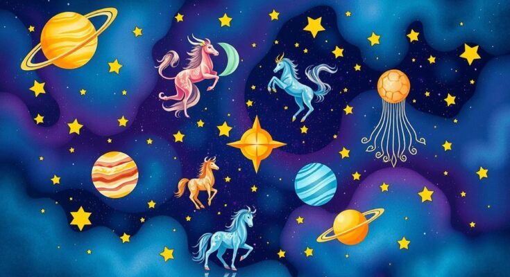 An artistic representation of zodiac signs with vibrant colors and celestial elements, reflecting astrological themes.