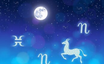 A whimsical illustration of a starry night sky with a vibrant moon and zodiac signs viewed from a peaceful landscape.