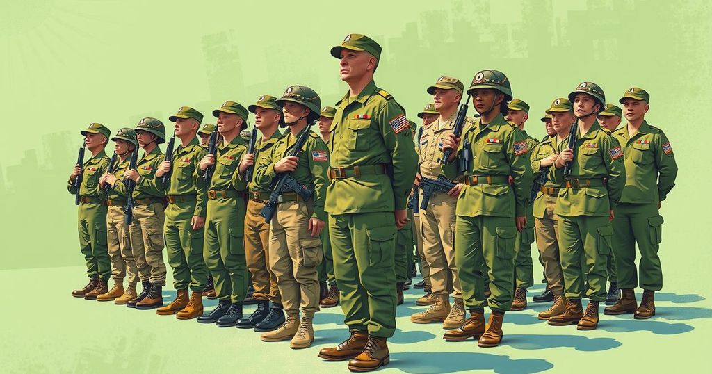 A group of soldiers in military uniforms standing at attention during an event, with national colors in the background.