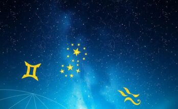 Astrological symbols and a starry night sky with vibrant colors representing daily horoscopes.