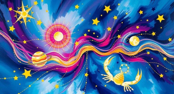 A colorful abstract representation of astrology and cosmic energy, featuring stars and vibrant astrological symbols.