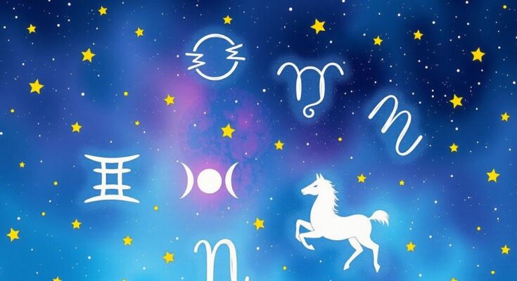 A colorful cosmic representation of zodiac signs with astrological symbols, shimmering stars, and gentle gradients.