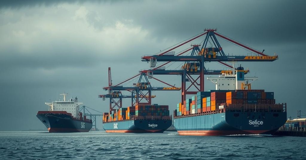 Tariffs announcement background with symbolic representation of trade, like ships and cargo, in grays and blues.