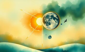 A celestial scene depicting a moon in a square with the sun, showcasing Virgo and Gemini's contrasting elements.