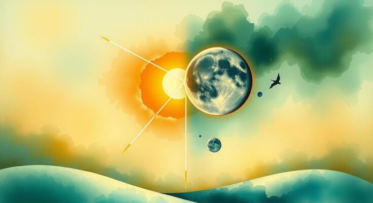 A celestial scene depicting a moon in a square with the sun, showcasing Virgo and Gemini's contrasting elements.