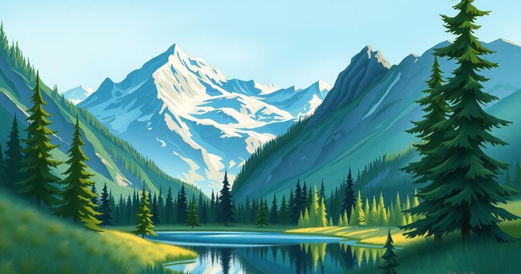 A serene Canadian Rockies landscape with greenery, mountains, and a peaceful atmosphere during an international summit.