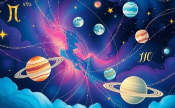 A cosmic-themed illustration showing zodiac symbols, planets, and stars against a colorful galaxy background.