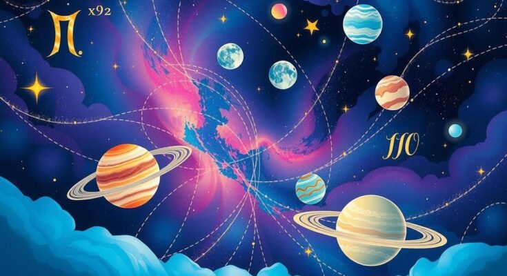 A cosmic-themed illustration showing zodiac symbols, planets, and stars against a colorful galaxy background.