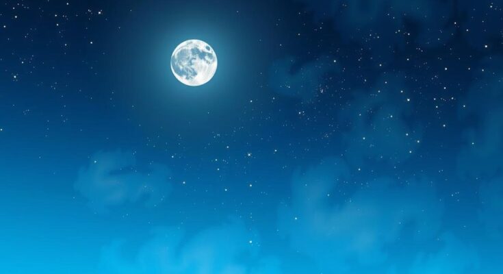 A serene night sky with a bright moon and twinkling stars symbolizing good luck and opportunities in astrology.