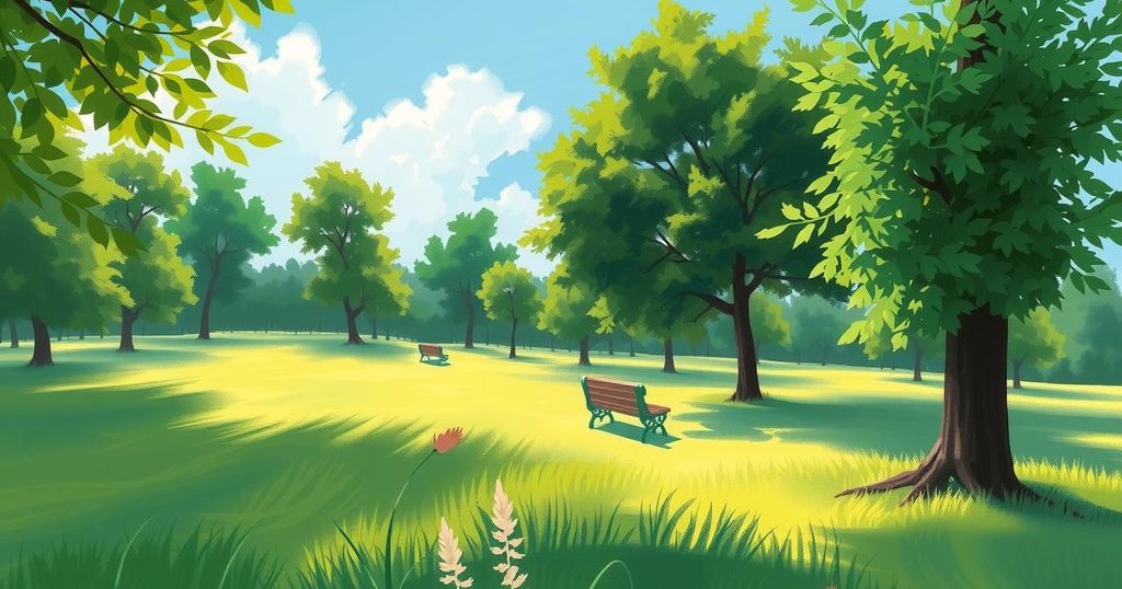 A tranquil landscape with soft greens and blues, depicting a serene park, representing independent voters' calm perspective.