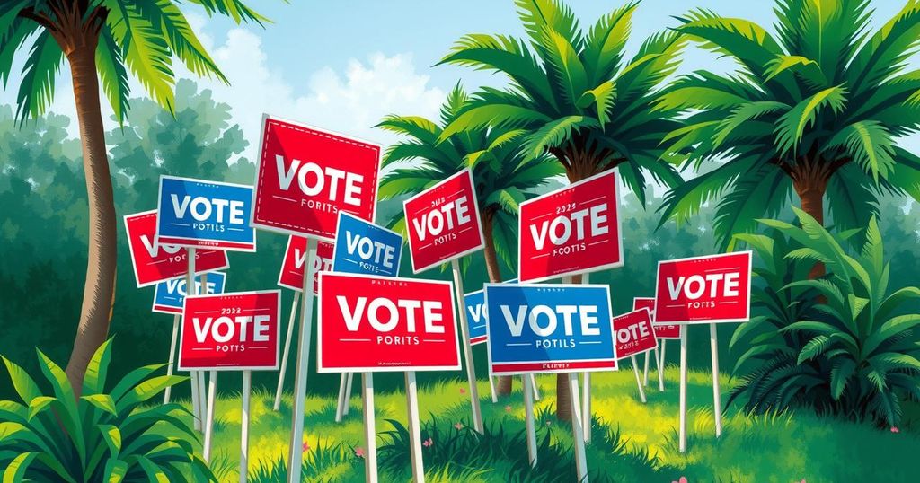 Political landscape of Florida with campaign signs and vibrant colors representing election dynamics.