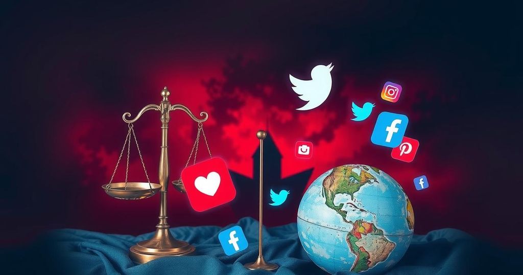 A political landscape showcasing global influences with symbols of conservatism, dynamic social media elements, and a dark color palette.