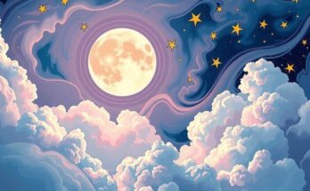 A colorful representation of Gemini's new moon symbolizing connection and communication, featuring swirling clouds and stars.