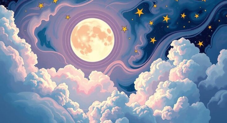 A colorful representation of Gemini's new moon symbolizing connection and communication, featuring swirling clouds and stars.