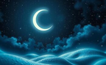 A starry night sky with a glowing crescent moon, symbolizing cosmic energy and astrological alignments.