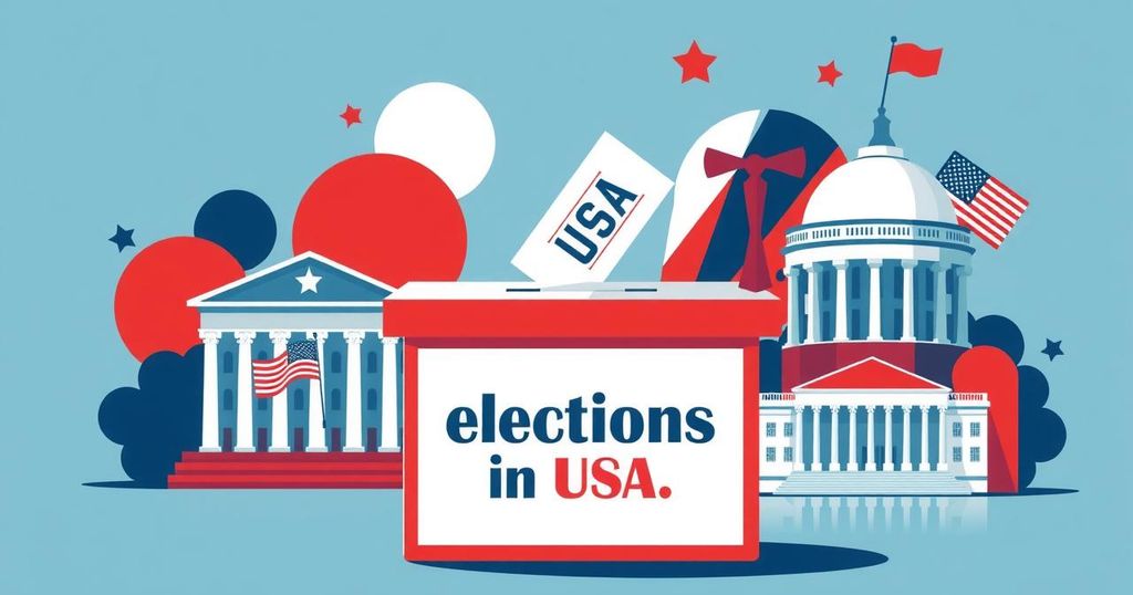Москачка с символами власти и надписью 'Выборы в США', на фоне национального флага и государственных зданий.