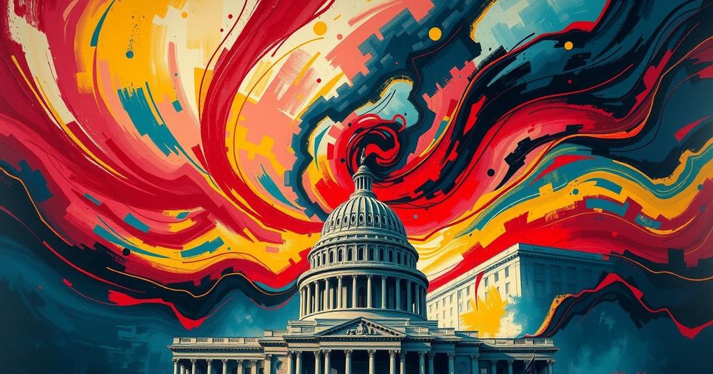 A dramatic political landscape with symbolic elements depicting power and change, in bold colors and sharp lines.