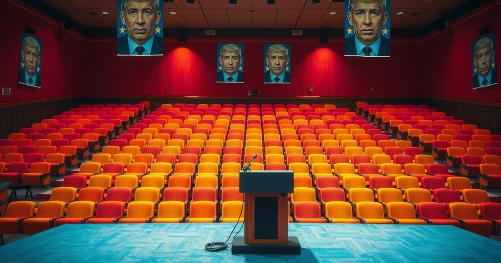 A lively auditorium scene with chairs and banners for a political event, showcasing the dynamics of political discourse.