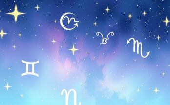 Astrological symbols over a serene night sky, surrounded by constellations and zodiac signs in soft pastel colors.